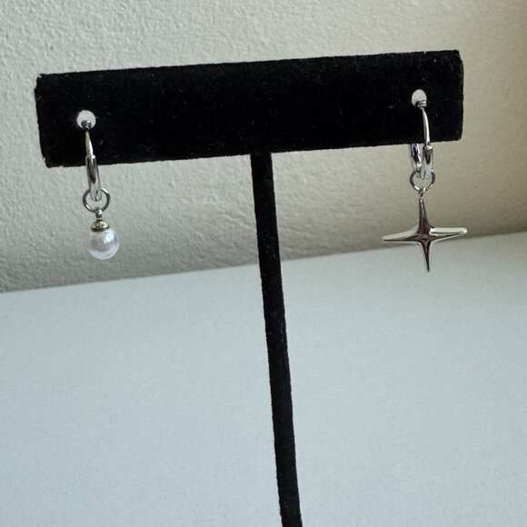 Sterling Silver Hoop Earrings with Pearl & Star Charms - Picture 3 of 9